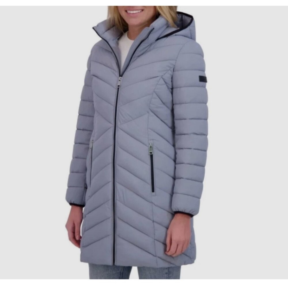 DKNY Women’s Hooded Stretch Walker Coat , Gray - Picture 3 of 4